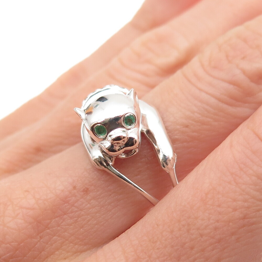 Nevada 925 Sterling Silver Vintage Real Emerald & C Z Panther Ring Size 8.25 - Picture 2 of 8